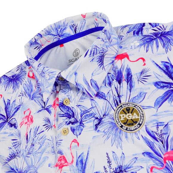 Scales Pink Flamingo Golf Polo PGA Embroidered Tropical Palms Shirt Medium - Picture 1 of 8